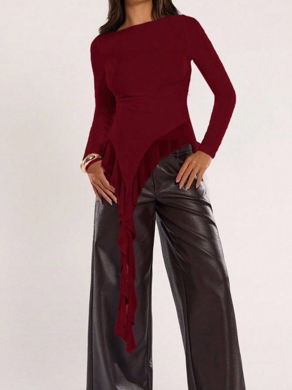 Burgundy Casual Women's Round Neck Long Sleeve Asymmetrical Hem Slim Fit Top - Picture 3 of 6